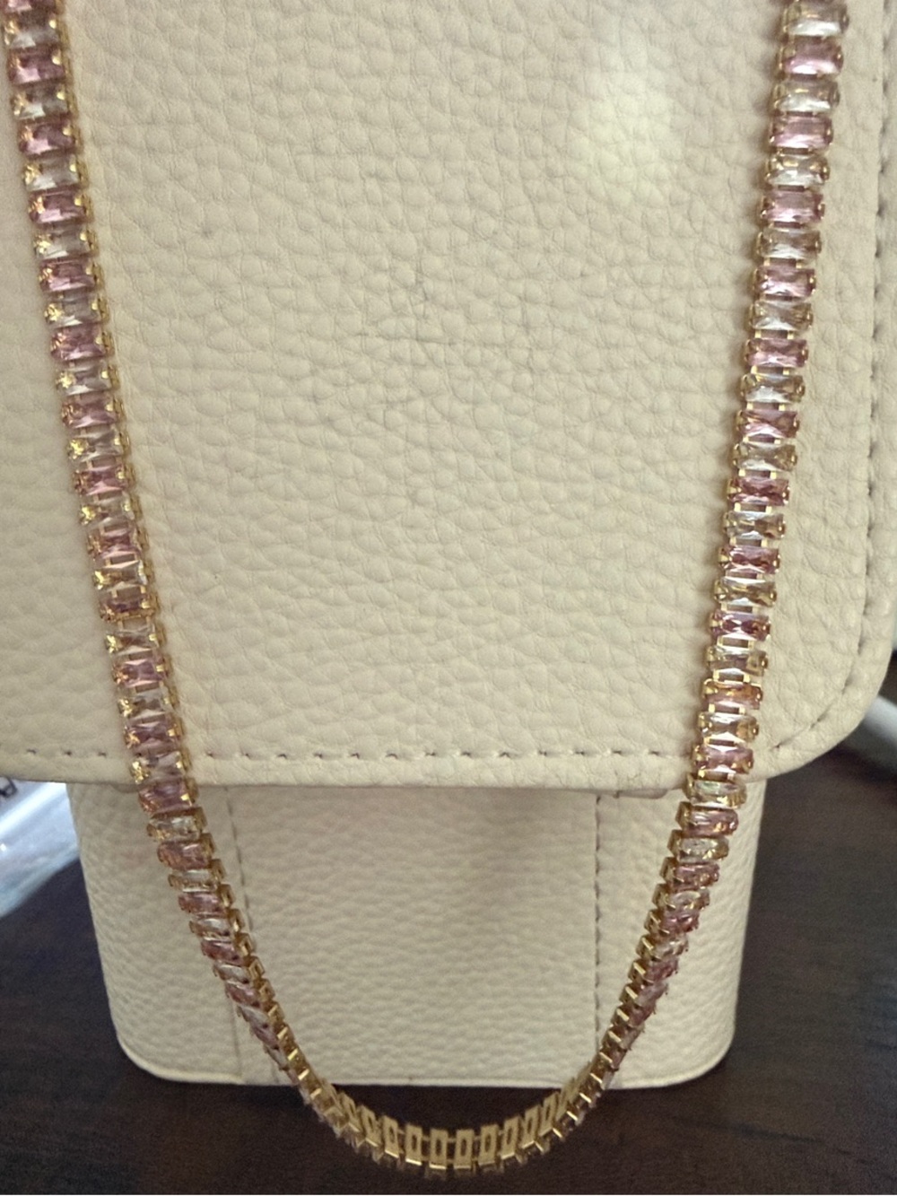 Elegant Pink and Clear Crystal Baguette Tennis Necklace - Gold Filled 18”